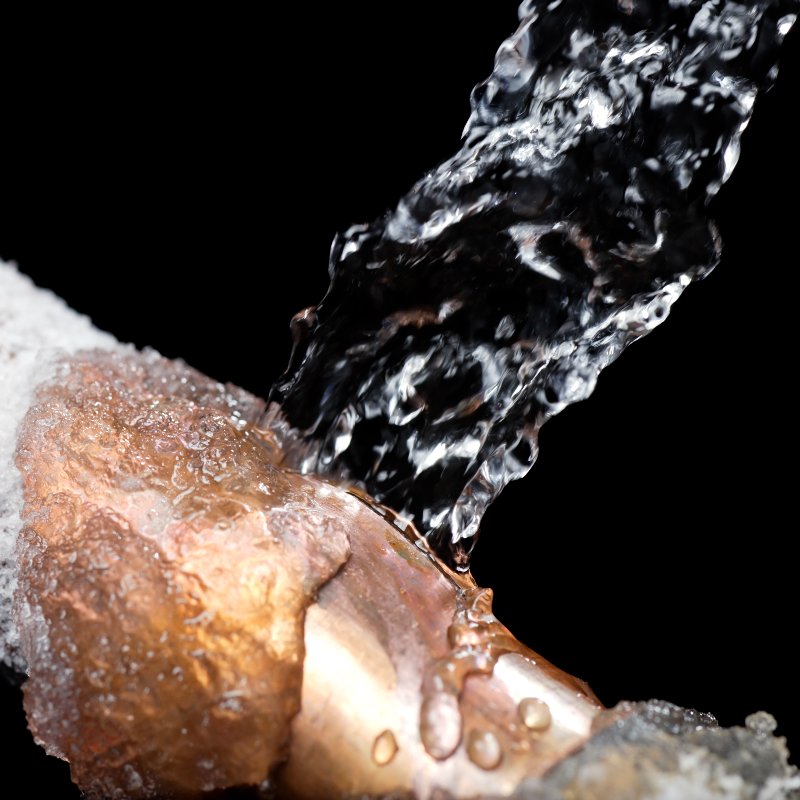 copper pipe leaking water and covered in light ice build-up