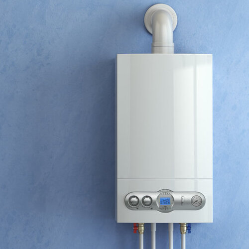 Gas boiler on blue background. Gas boiler home heating. 3d